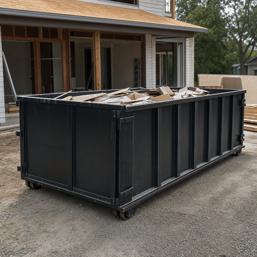 Large matte-black 30-yard construction roll-off dumpster at an active Shreveport jobsite, steel-gray top rails and bottom rollers visible, loaded with construction debris.